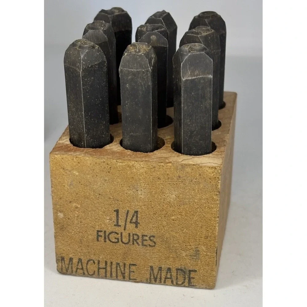 Vtg 1/4 Figures Steel Stamps Numbers 0-9 Machine Made w/ Wood Case Ken Tool SF-1